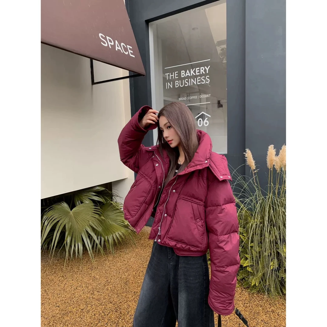 D299-酒红色-设计师款-短款羽绒服白鸭绒休闲时尚百搭
