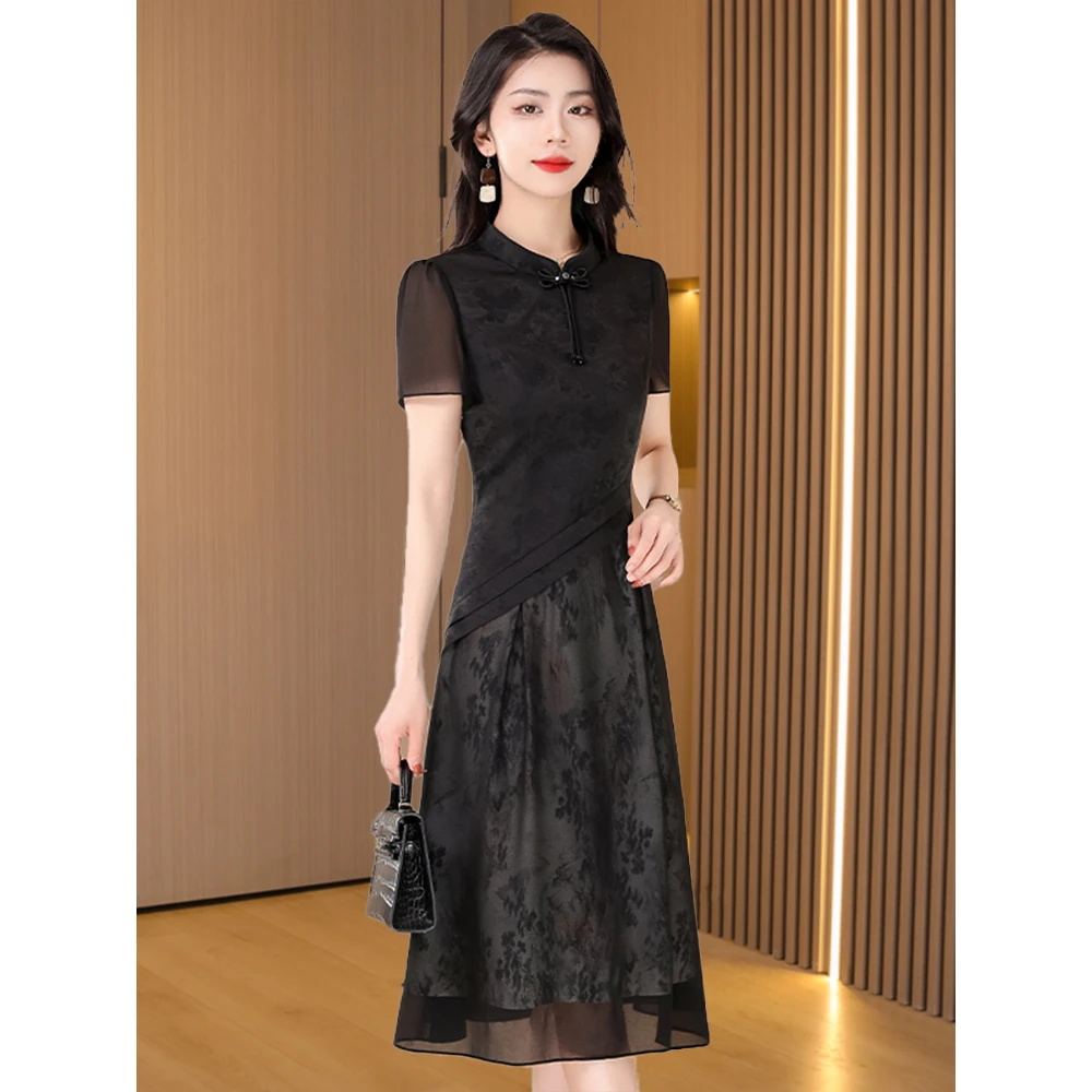 新中式改良旗袍连衣裙女夏时尚中年妈妈夏季修身显瘦国风蕾丝
