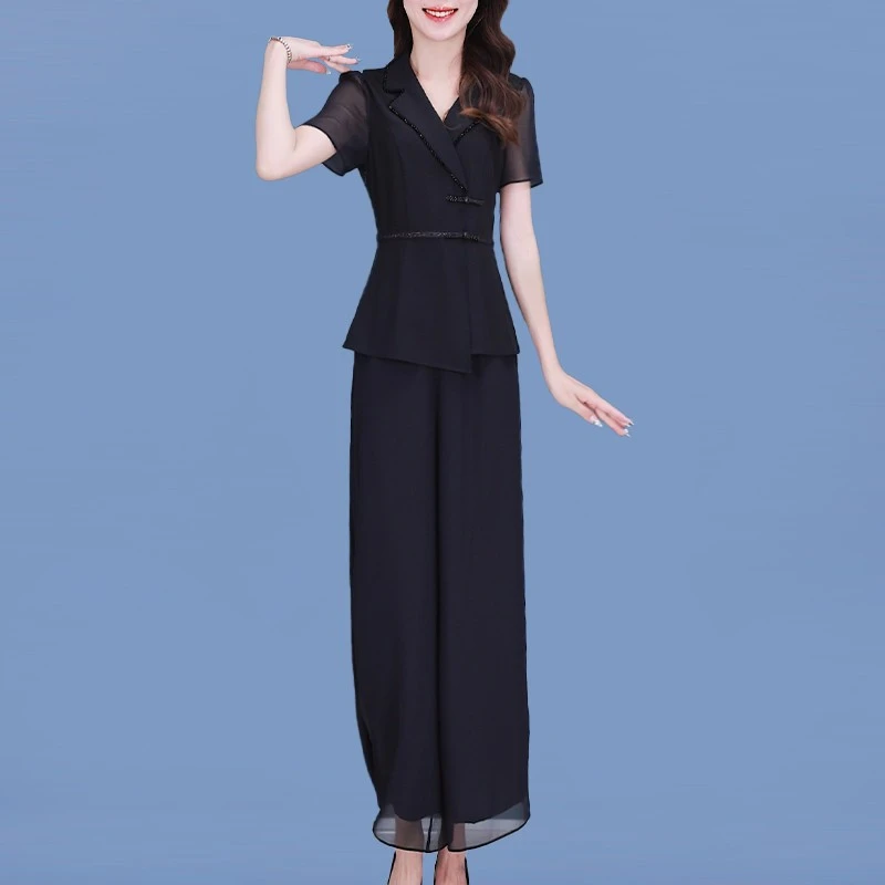 西装领雪纺套头短袖上衣阔腿裤套装女春夏季穿搭修身显瘦正式场合
