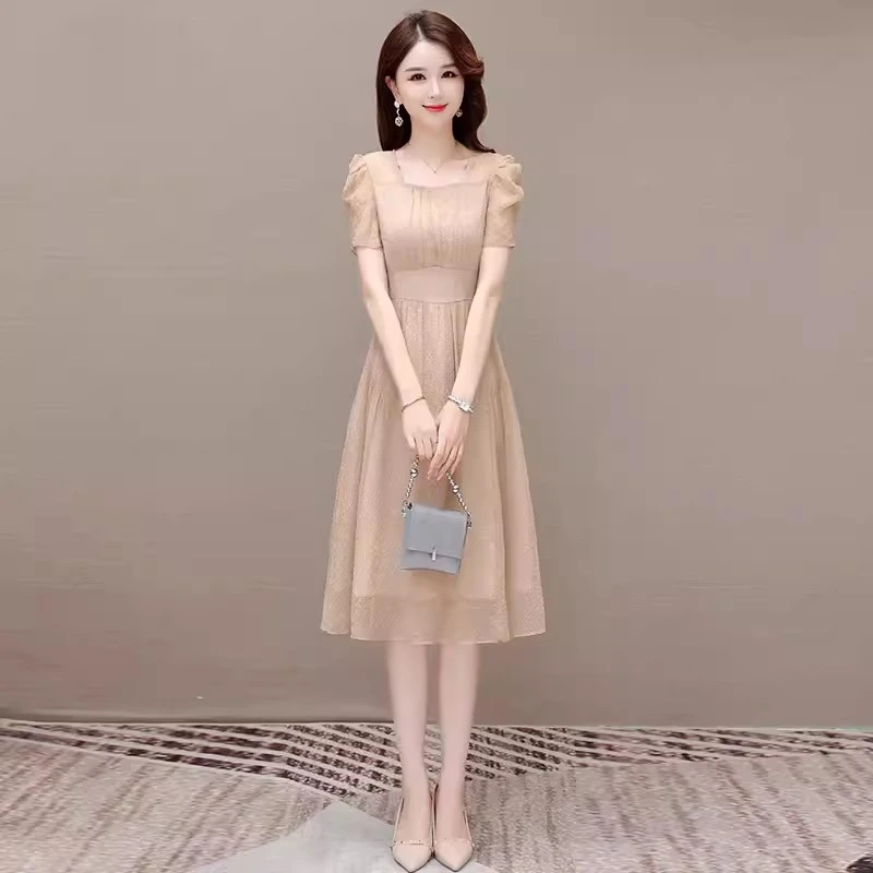 薄纱中长款收腰显瘦雪纺温婉风短袖连衣裙女春夏气质优雅裙子法式