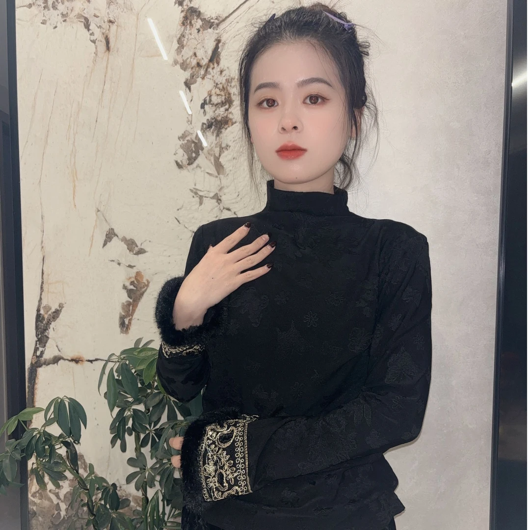 淑妃记 新中式时尚百搭加绒宽松印花打底衫