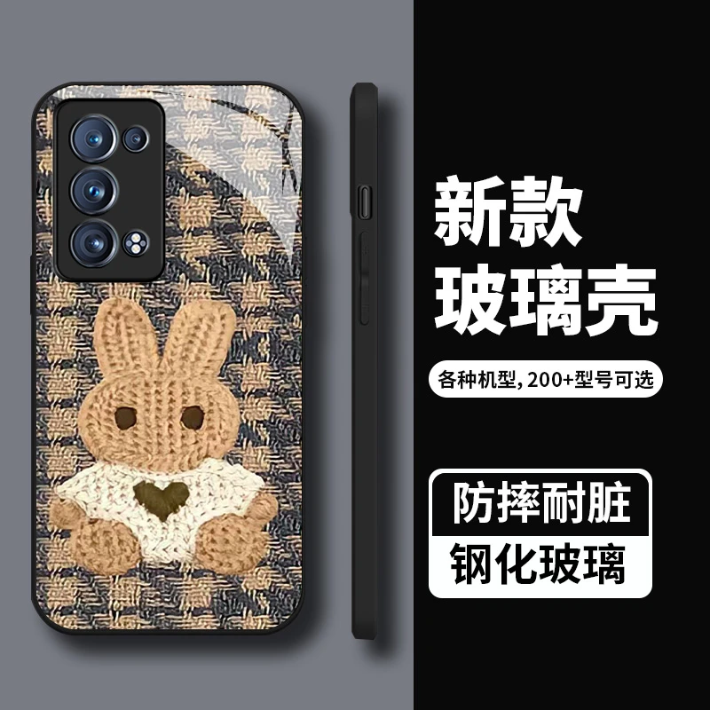 适用于【opporeno6pro+】黑色兔子公仔玻璃全包镜头个性手机壳创意
