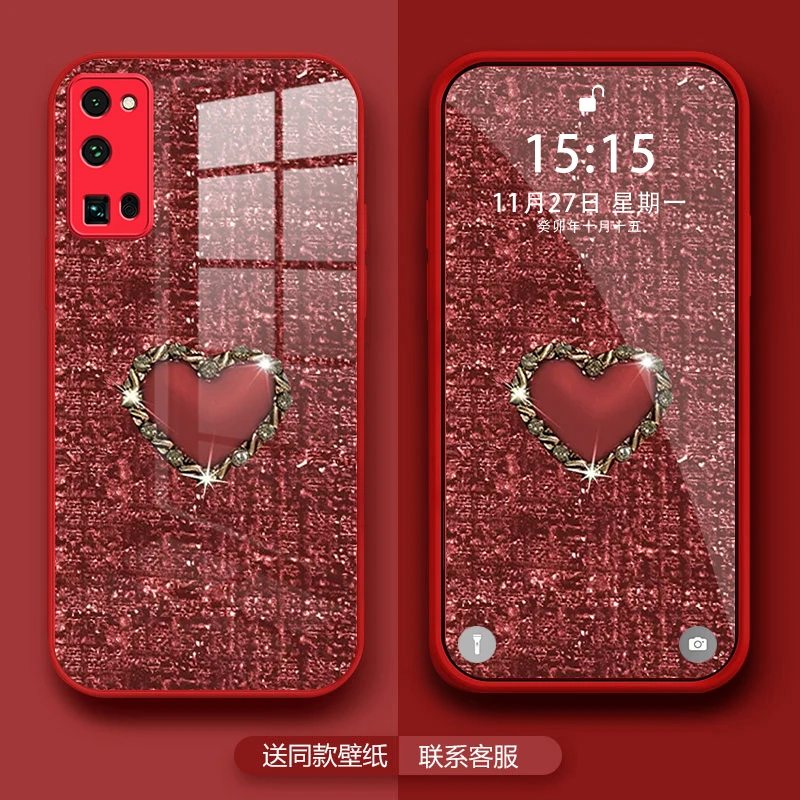 适用于【荣耀30pro/30pro+】编织金属爱心玻璃全包镜头保护手机壳