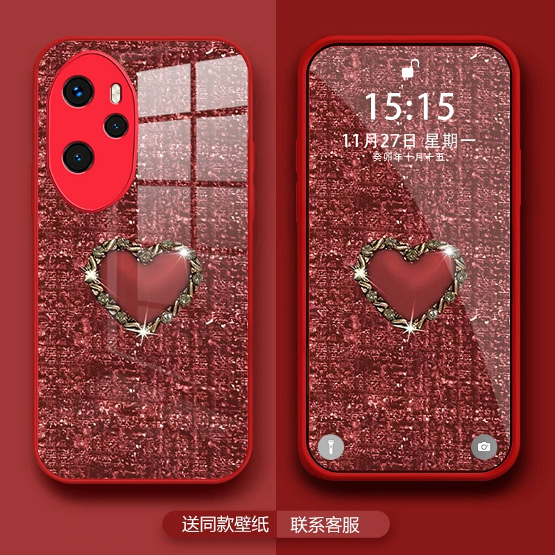 适用于【荣耀100pro】编织金属爱心玻璃全包镜头保护手机壳