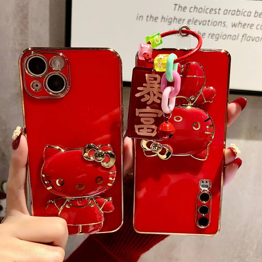 苹果/华为/vivo/oppo/小米/红米/电镀小猫化妆镜支架全包手机壳