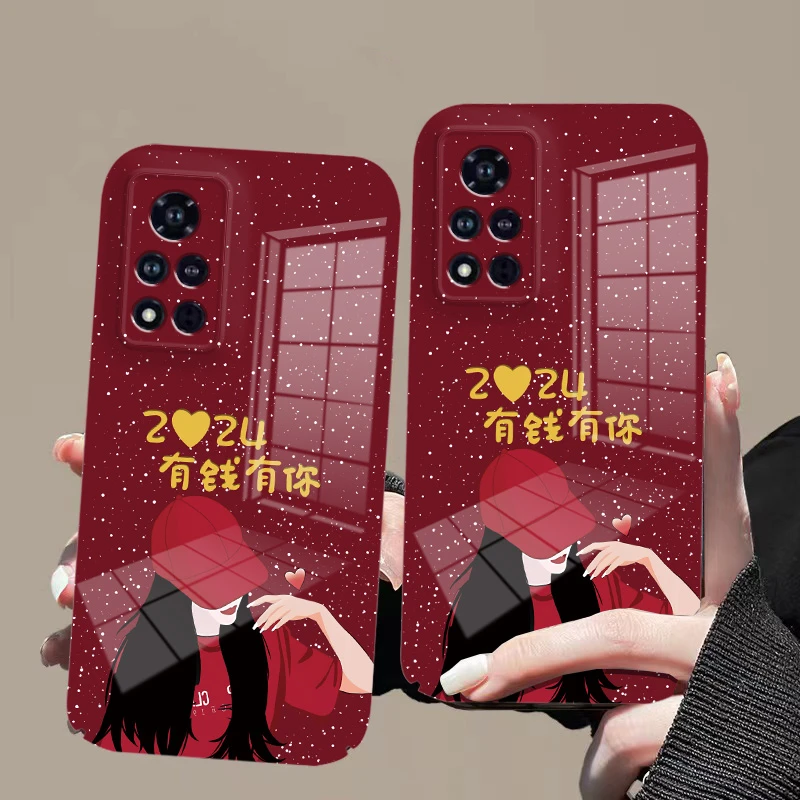 适用于【荣耀v40】菲林亮面2024有钱有你全包镜头手机壳