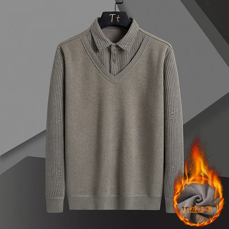 秋冬季加绒加厚男士上衣长袖假两件衬衫领高档T恤打底衫保暖