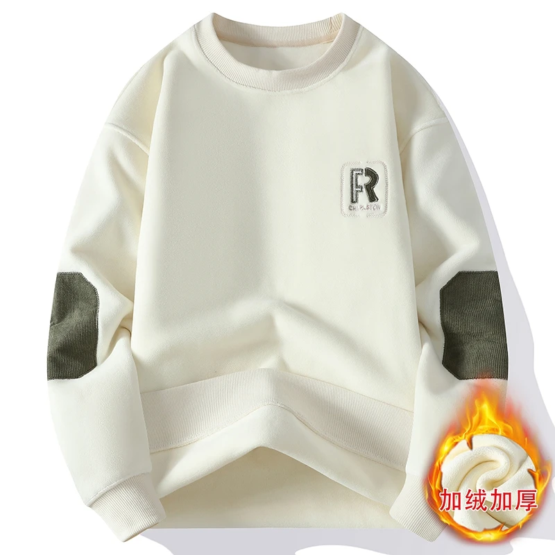 男士冬季加绒加厚圆领奥粒绒卫衣纯色绣花上衣潮流宽松T恤内搭