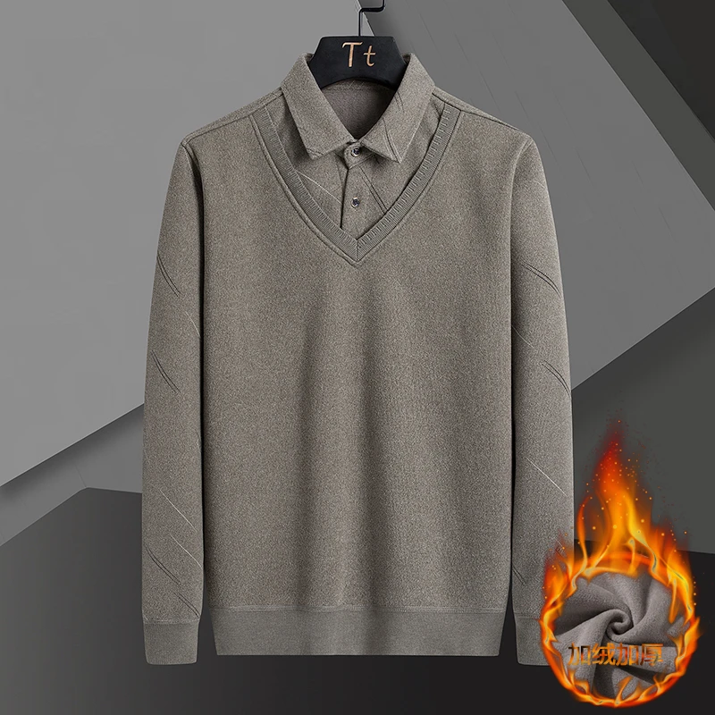 中老年秋冬季加绒加厚中年男士上衣长袖假两件衬衫领高档T恤休闲