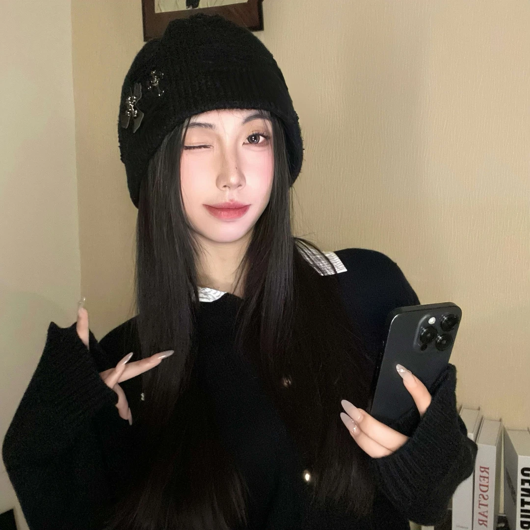 复古针织帽皮十字架徽章毛线帽堆堆帽子秋冬款保暖水桶帽