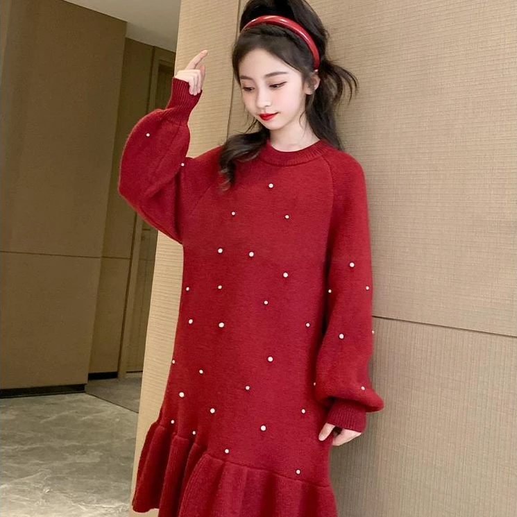 儿童新款加厚红色爆款公主裙子6-12岁大童高档宝宝洋气星空连衣裙