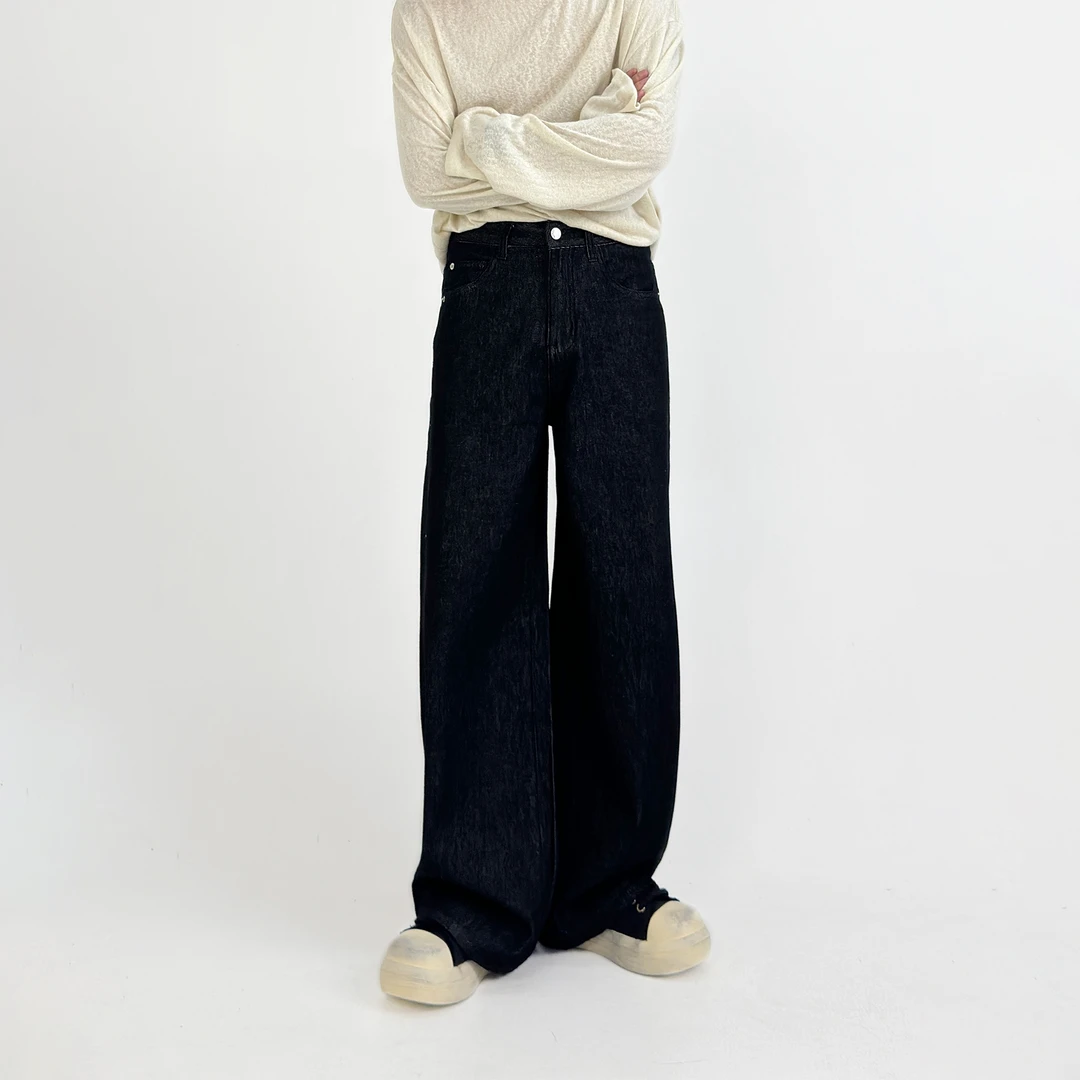 SongC复古简约阔腿cleanfit深色牛仔裤男女美式宽松直筒裤子男生