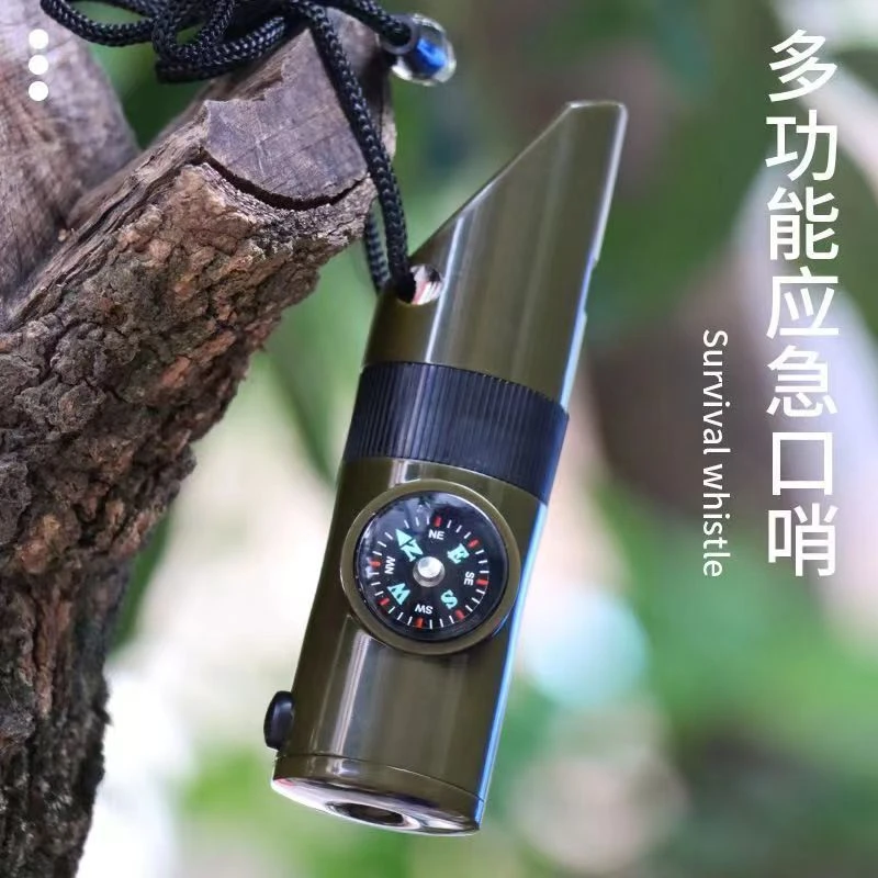 户外大音量多功能口哨 野营七合一求生哨带LED灯温度计指南针