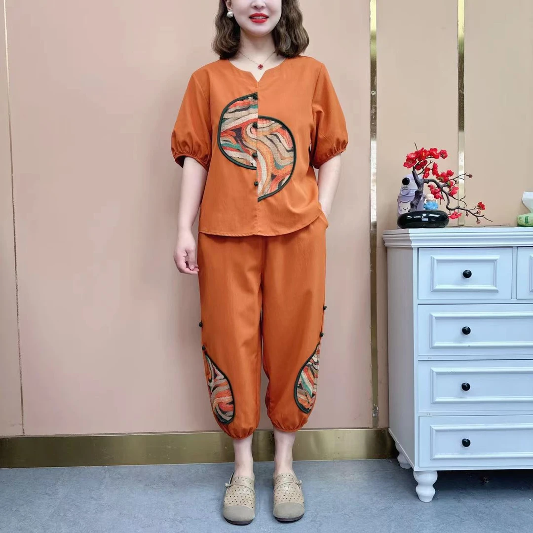 #330妈妈装新款显瘦套装时尚洋气高贵休闲宽松大码套装中老年女装