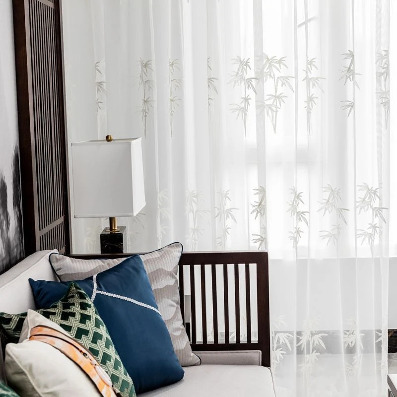 新中式窗纱中国风竹子纱帘透光刺绣白纱禅意茶室客厅书房定制窗帘