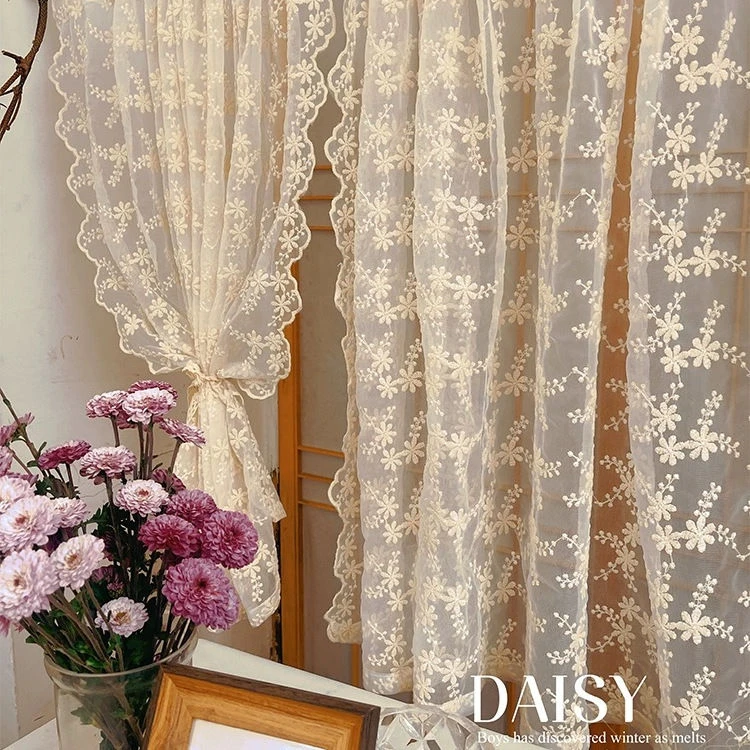 奶油色蕾丝纱帘半帘短帘法式窗帘田园风飘窗小窗户隔断免打孔门帘
