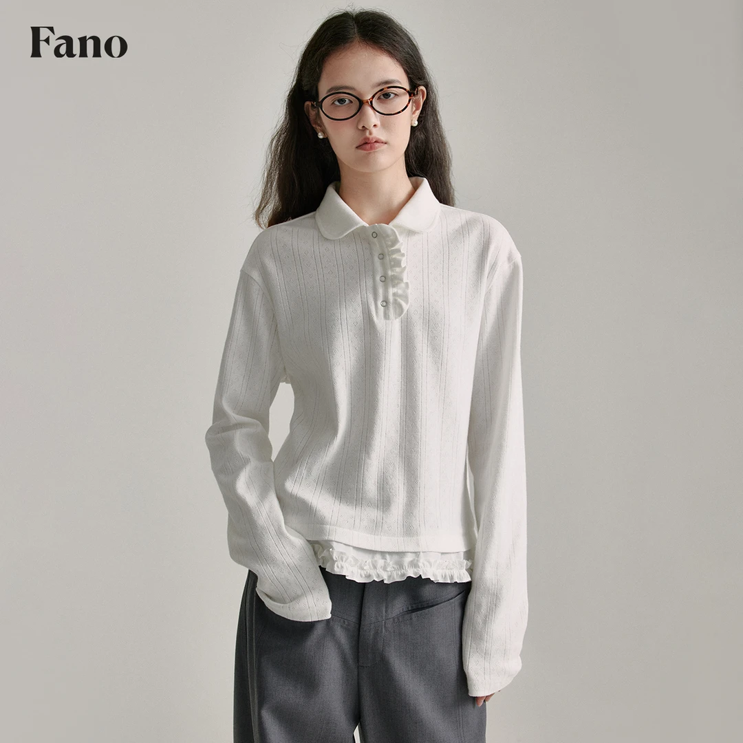 范洛新世代学院风拼接花边镂空针织 娃娃领打底T恤FQ24S049推广