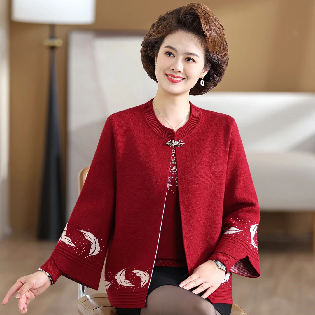 中老年妈妈秋装两件套洋气针织开衫长袖外套上衣服装秋冬女装毛衣