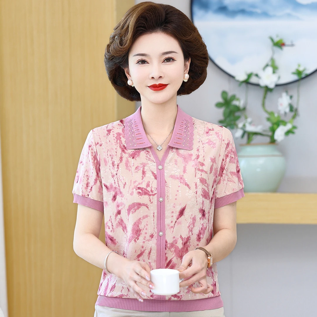 夏装妈妈装冰丝短袖t恤翻领女装上衣中老年洋气大码薄款针织小衫