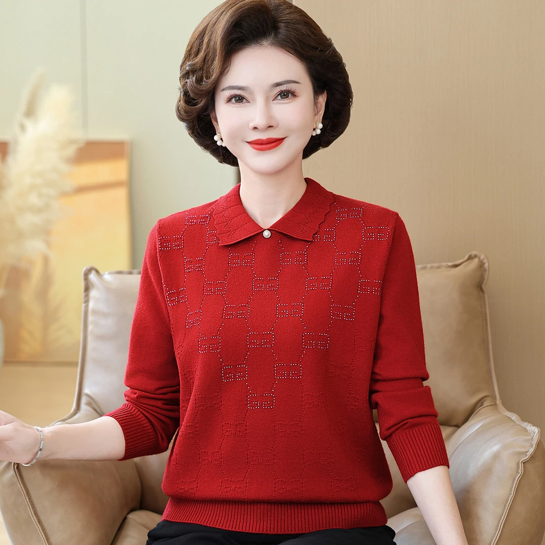 中老年妈妈春秋款翻领毛衣针织T恤洋气女装薄款上衣大码打底小衫