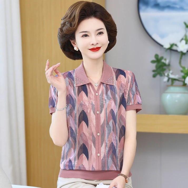 妈妈装夏装2024新款t恤polo领薄款短袖上衣女中老年洋气针织小衫