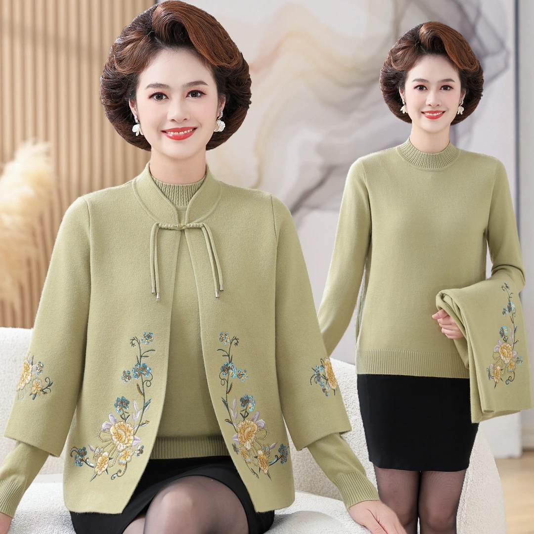 妈妈秋装2025新款秋冬款外套中老年女装针织上衣洋气两件套打底衫