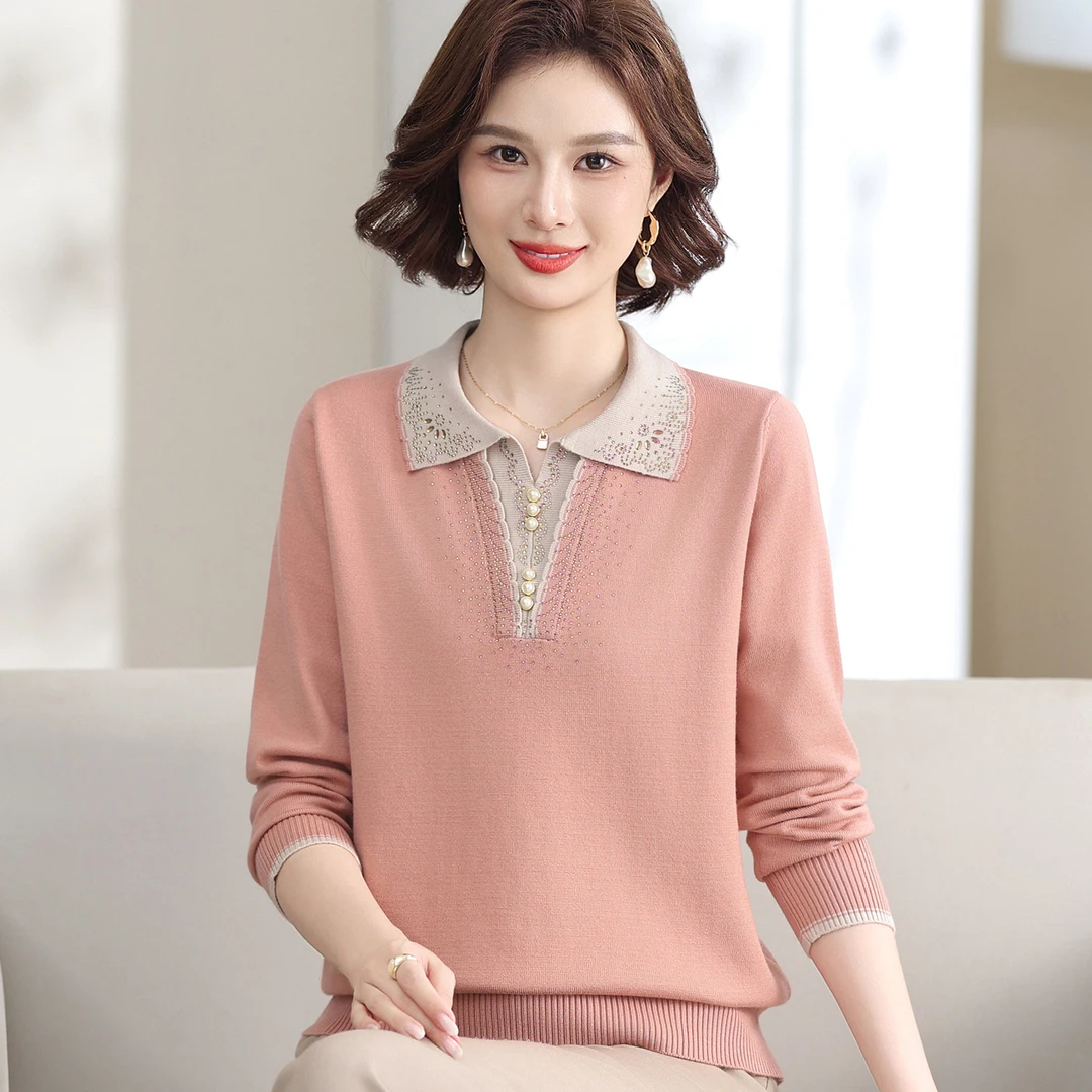 春秋装妈妈装毛衣女翻领洋气上衣2025中老年人新款打底毛衣薄红色
