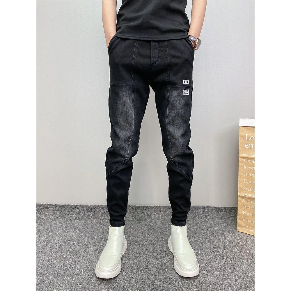 网红同款休闲牛仔裤潮流弹力拼接束脚小脚裤男修身百搭显瘦哈伦裤