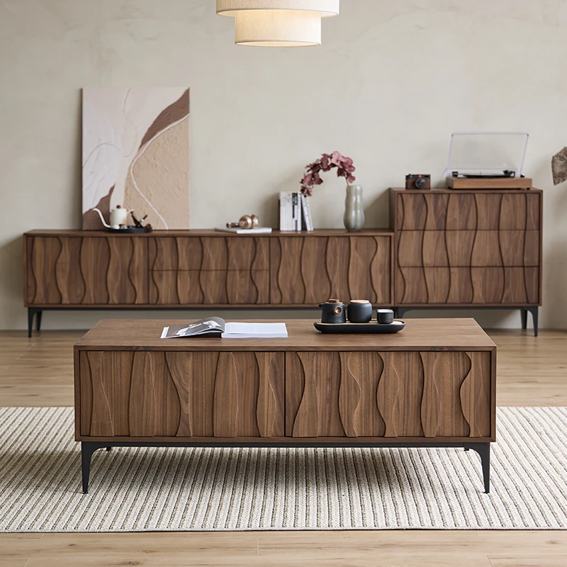 中古侘寂风现代简约茶几北美黑胡桃木储物长方形创意轻奢大小户型