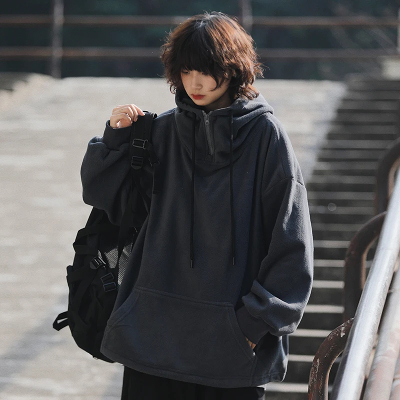 日系重磅摇粒绒连帽套头卫衣男潮流新款宽松休闲oversize纯色外套