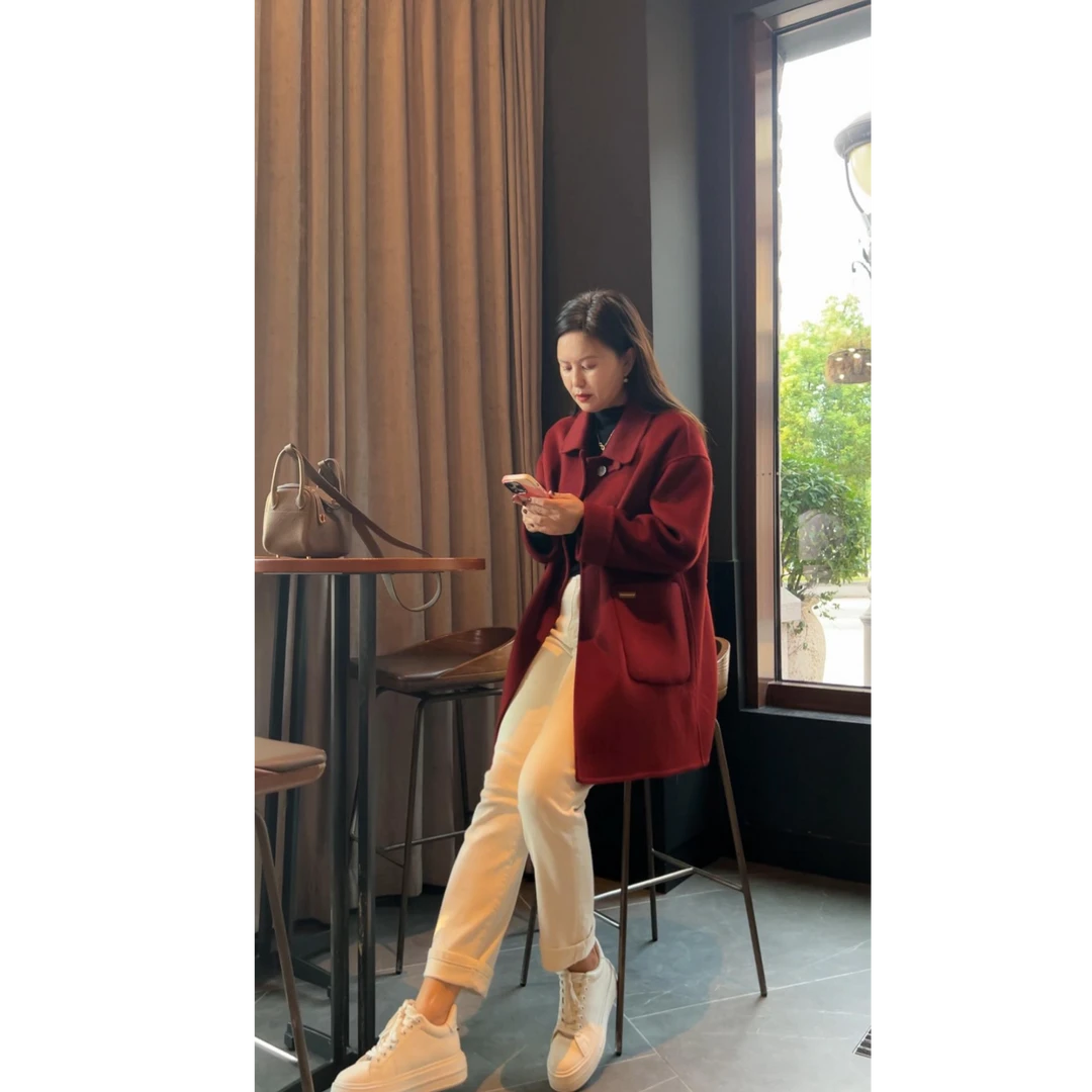 蓉姐姐-24年秋冬新款100绵羊毛气质百搭宽松短款双面羊毛大衣9908