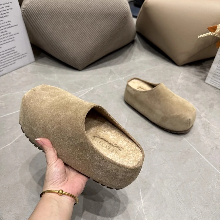 磨砂皮大头胖头鞋面包鞋休闲包头半托鞋外穿鞋托毛毛鞋穆勒博肯鞋