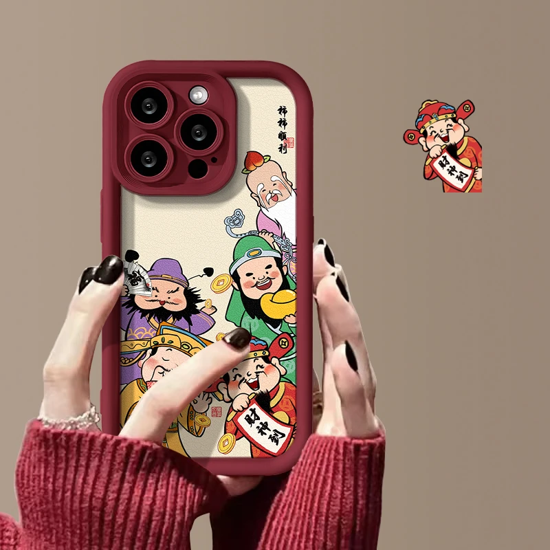 五路财神天眼皮纹苹果15手机壳iPhone15promax女款可爱保护壳卡通