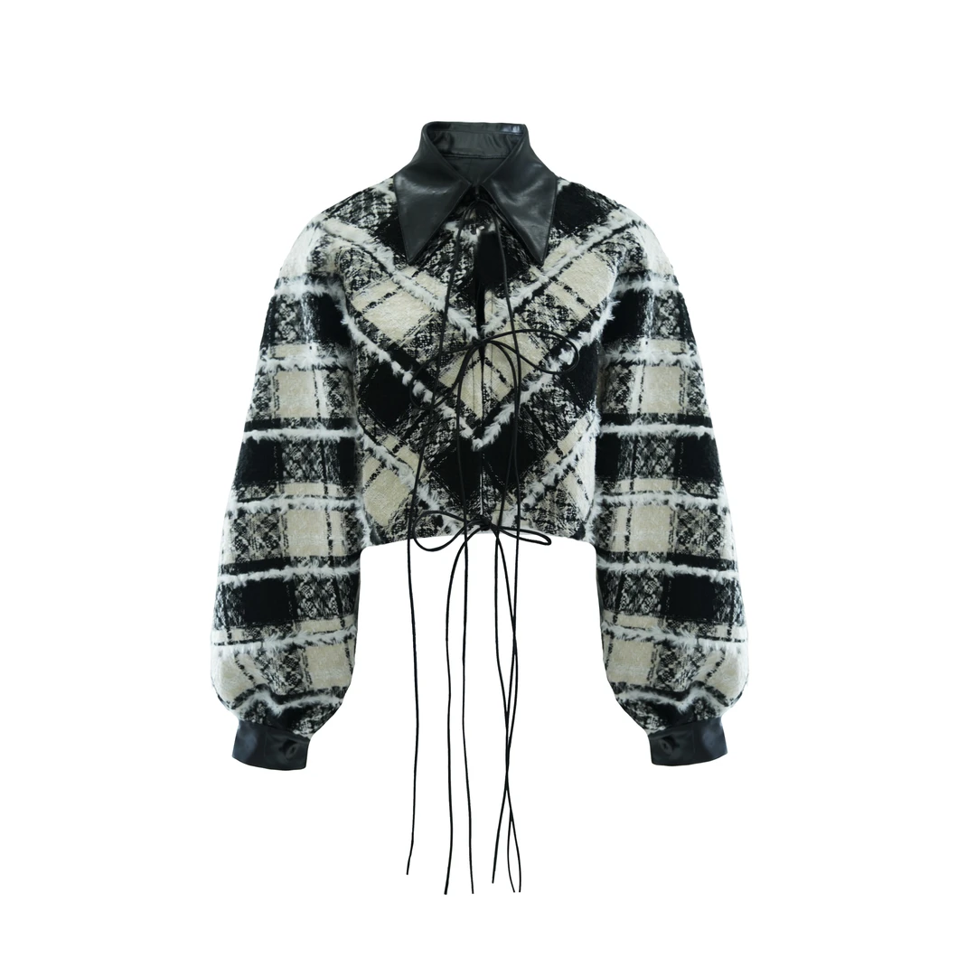 CHICCO MAO个性黑白格拼接皮夹克C232-1752-115