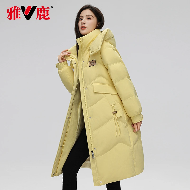V/雅鹿羽绒服女2023冬季新款时尚连帽中长款加厚休闲宽松鸭绒外套