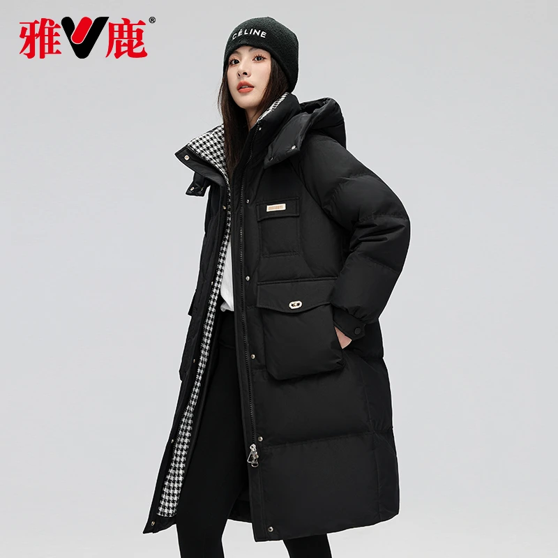 V/雅鹿中长款羽绒服女2023年新款百搭户外防风加厚冬装保暖外套
