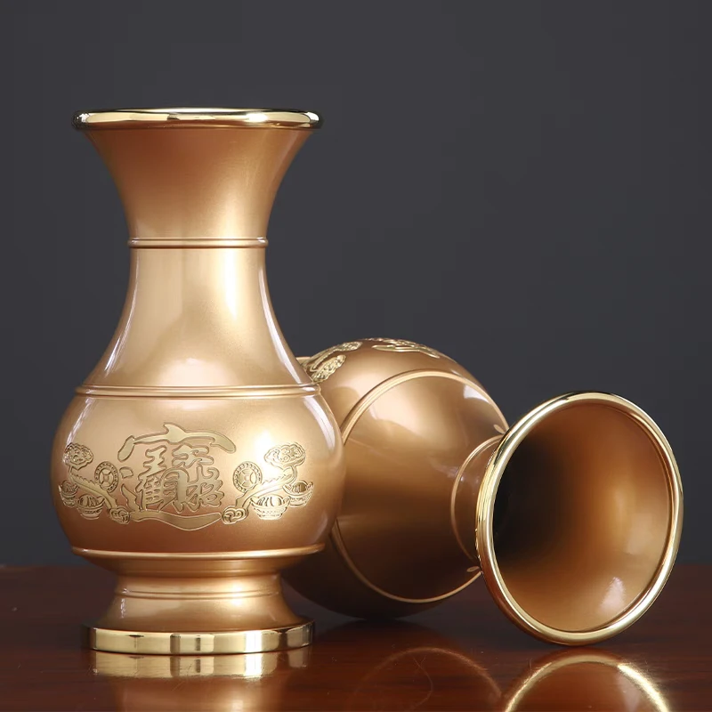 圆通黄铜粉金花瓶招财进宝FO字净水瓶插花花瓶供瓶居家桌面装饰品