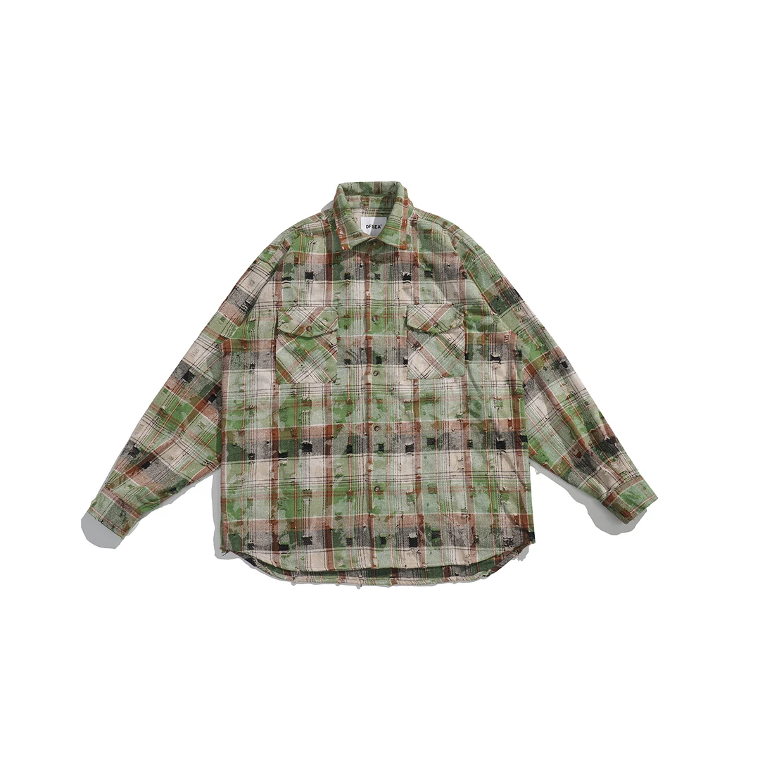 dfsea  白标 破坏绿格子长袖衬衣