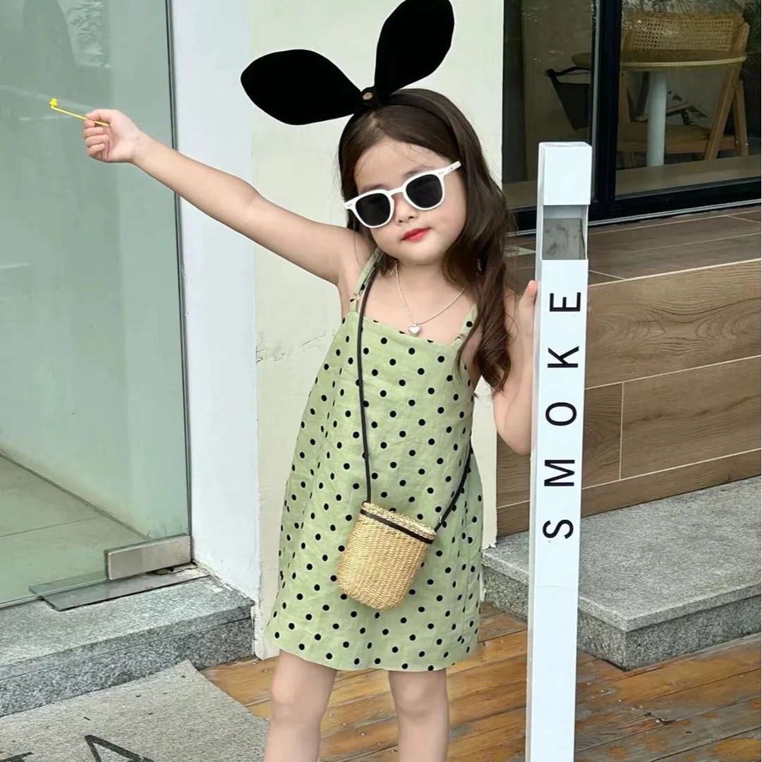 韩国童装2025夏季新款女童绿色波点吊带裙女宝宝圆点无袖连衣裙潮