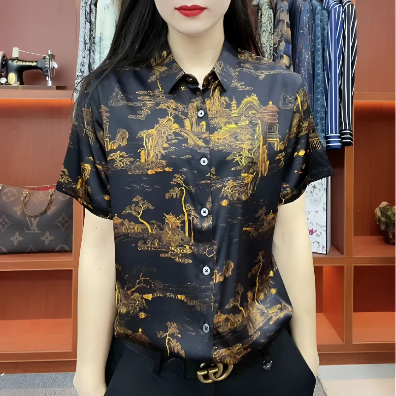 桑蚕丝真丝新款男士轻奢高端短袖衬衫商务通勤休闲衬衣（66883）