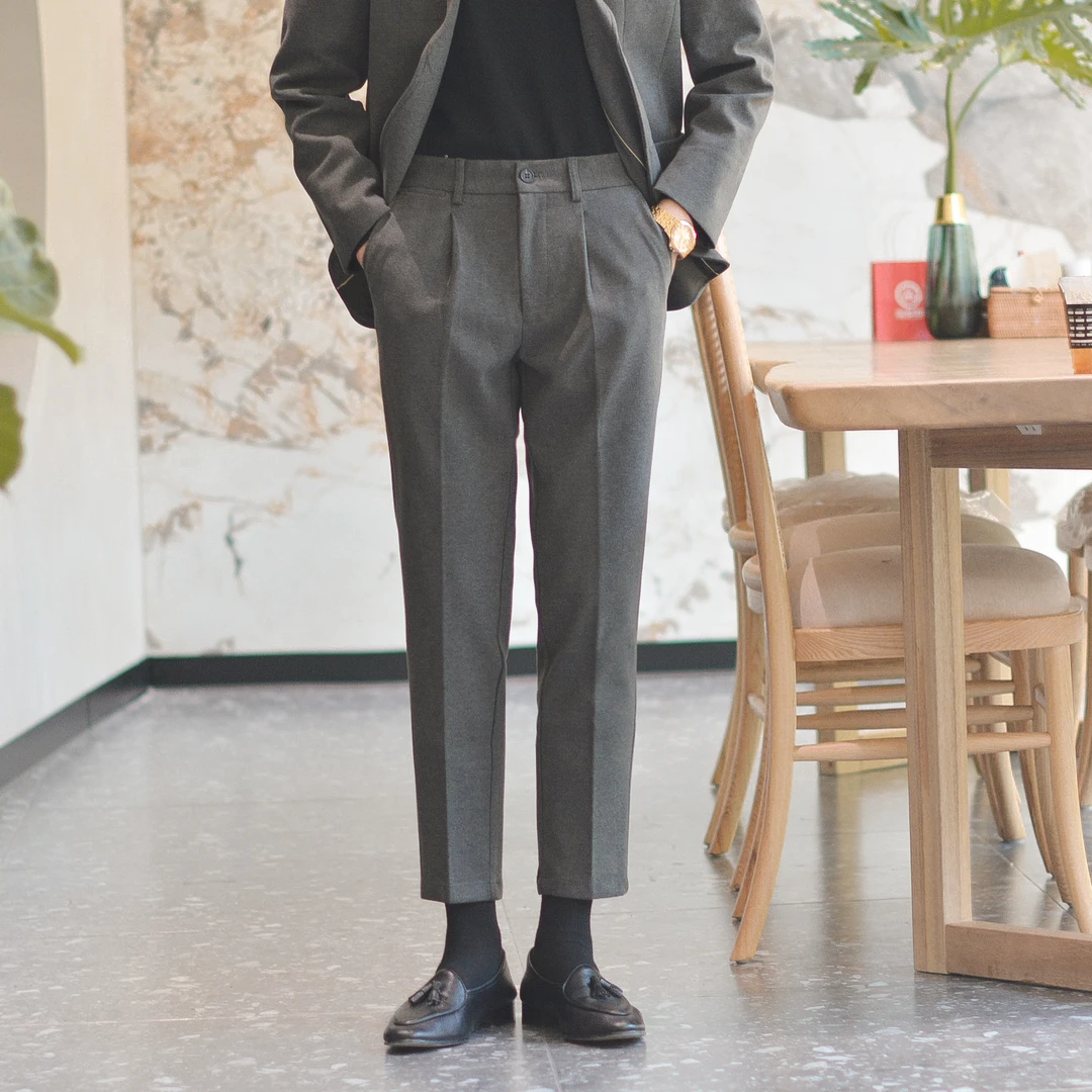 休闲小直筒垂感毛呢九分小西裤男冬季加厚保暖修身磨毛休闲裤百搭