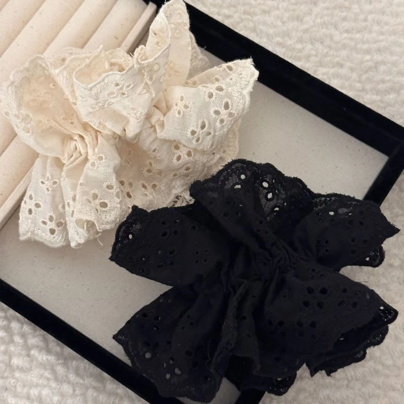 赵露思款干净复古氛围感法式重工刺绣蕾丝米色发圈肠圈镂空1730