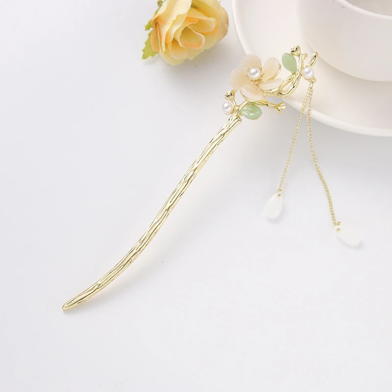 拾四季国风绿叶流苏古风汉服发簪步摇清新珍珠古典旗袍江南女发饰