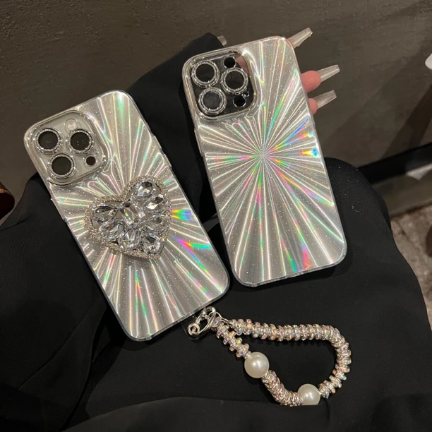 ins小众高级感细闪CD镭射纹自带镜头膜手机壳适用iPhone15/14/13