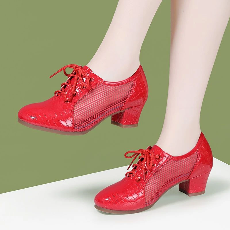 春夏舞蹈鞋女士中跟高跟跟鞋透气交谊舞软底广场舞鞋摩登水兵舞鞋