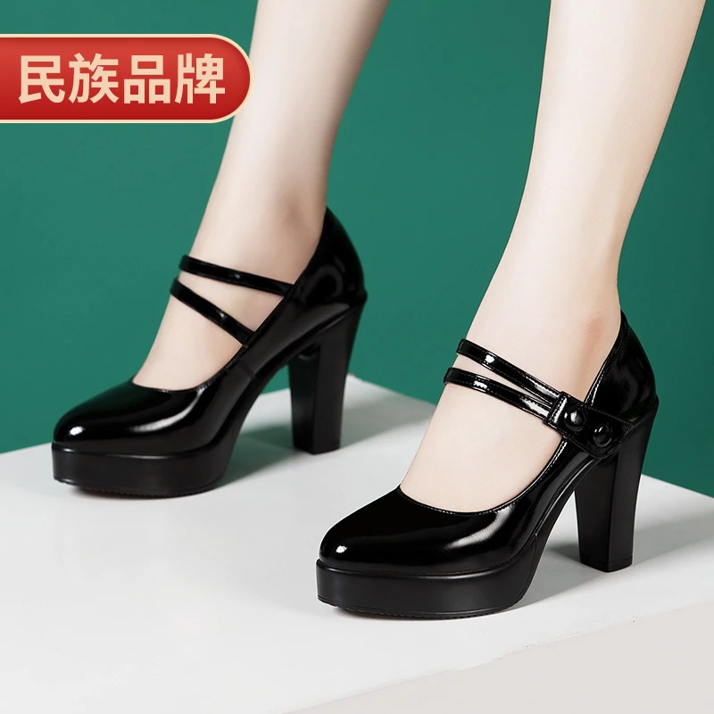 软牛皮旗袍走秀鞋高跟百搭浅口厚底防水粗跟鞋魔术贴中跟单鞋大码