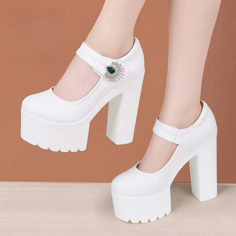 高跟圆头浅口增高白色单鞋皮鞋玛丽珍厚底女款鞋子百搭粗跟女鞋