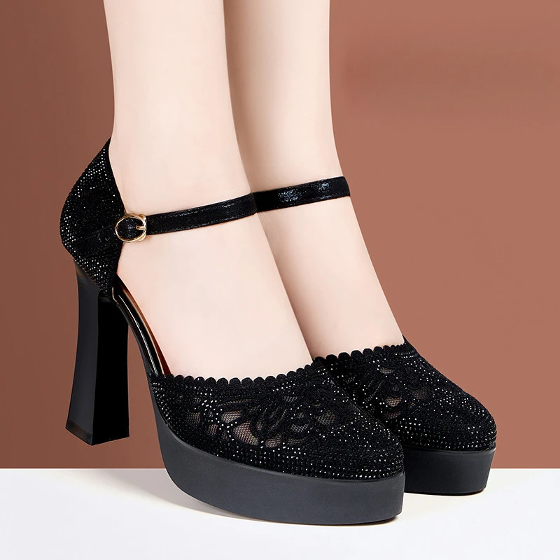 春夏女士百搭厚底旗袍走秀超高跟鞋包头舞台表演一字带粗跟中跟鞋