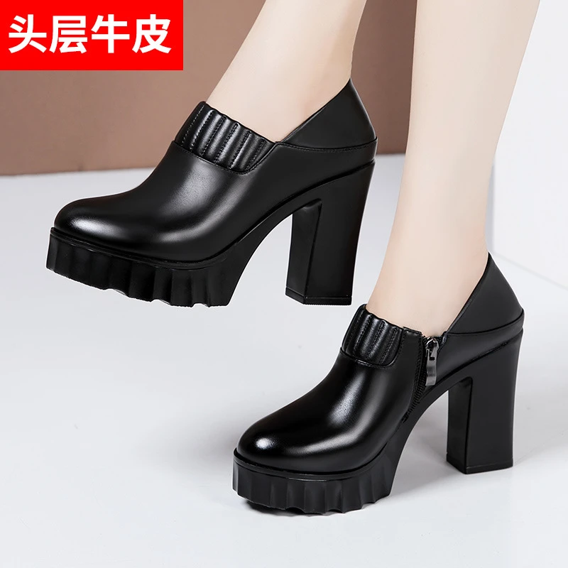 秋季真皮中跟高跟粗跟鞋黑色防水厚底百搭圆头深口走秀鞋鞋子大码