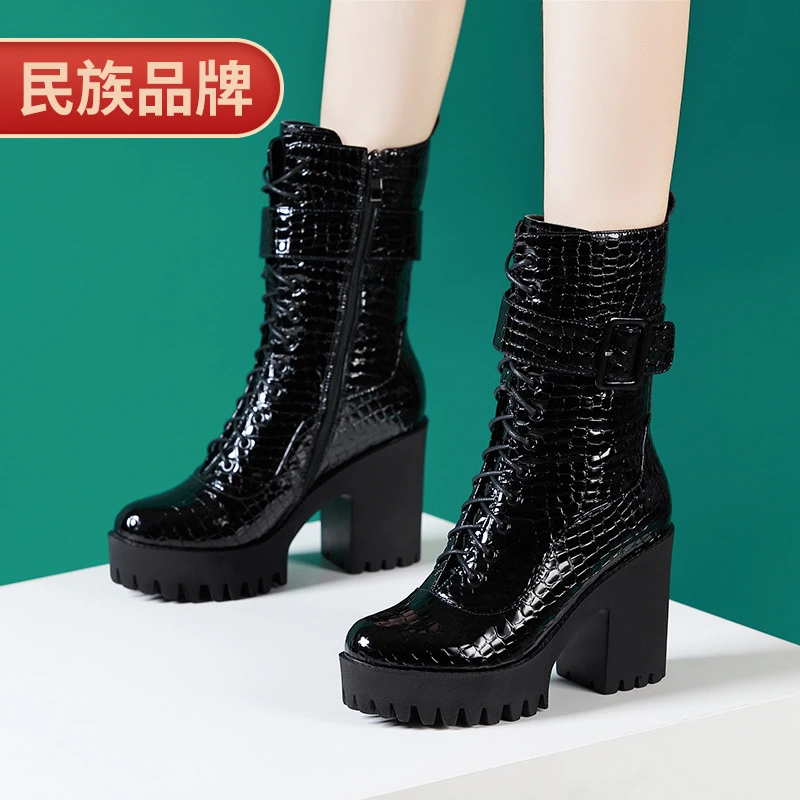 冬季时尚百搭走秀厚底马丁靴女加绒英伦风真皮防水台高跟增高粗跟